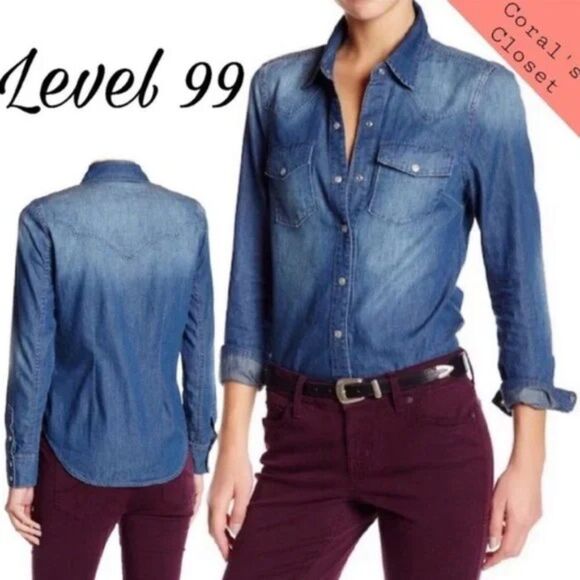 Level 99 Anthropologie Chambray Long Sleeve Snap Button Shirt - Picture 1 of 9